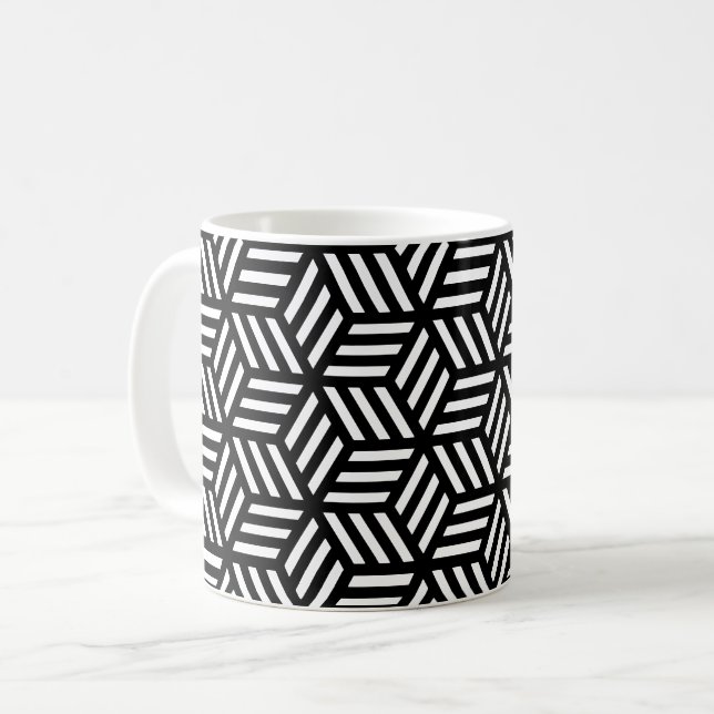 Black White Line Cube Geometric Op-Art Pattern Coffee Mug (Front Left)