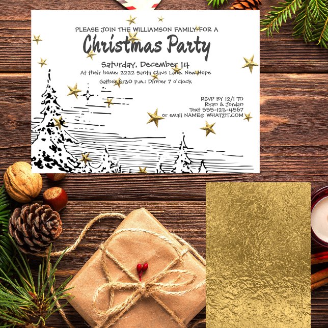 Black, White Line Drawing Snowy Scene Christmas Invitation (Creator Uploaded)