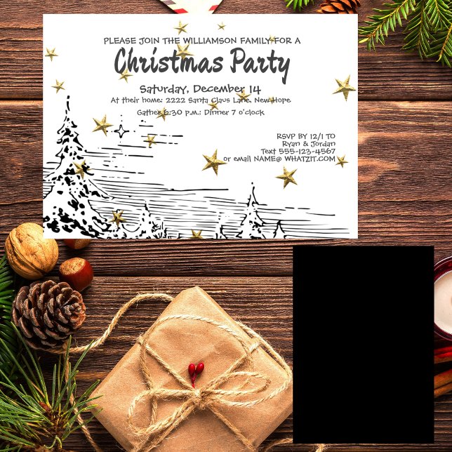 Black, White Line Drawing Snowy Scene Christmas Invitation (Creator Uploaded)