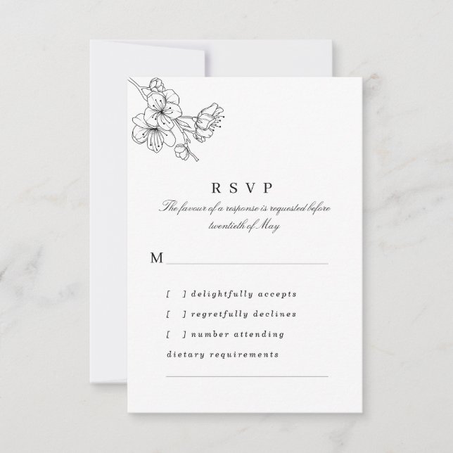 Black & White Line Drawn Blossoms Wedding RSVP Card (Front)