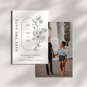 Black & White Line Drawn Floral Photo Wedding Save The Date
