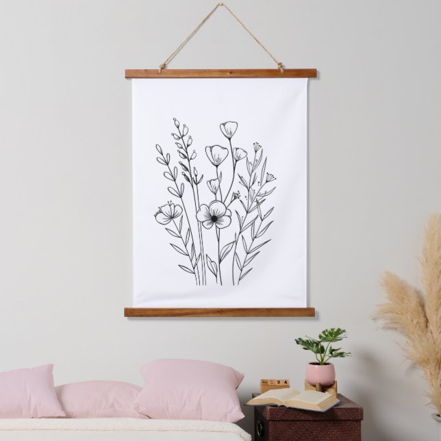 Black White Line Drawn Flowers Florals Boho Hanging Tapestry (Bedroom)