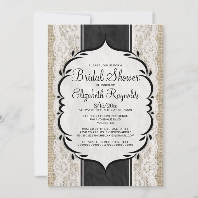 Black White Linen Burlap Lace Bridal Shower Invite (Front)
