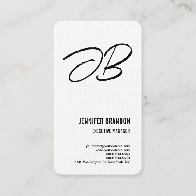 Black White Linen Monogram Minimalist Modern Plain Business Card (Front)