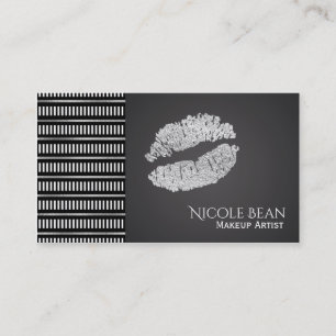 Black & White Lines Modern Faux Silver Lips Beauty Business Card
