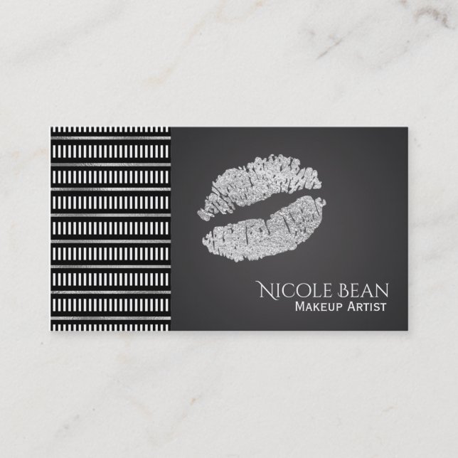 Black & White Lines Modern Faux Silver Lips Beauty Business Card (Front)