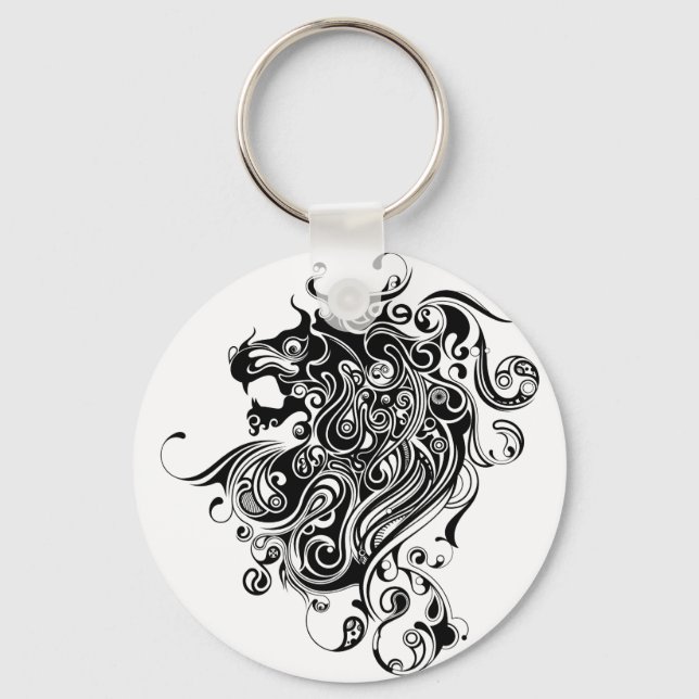 Black & White Lion Head Tattoo Style Key Ring (Front)