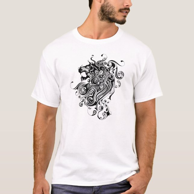 Black & White Lion Head-Tribal Tattoo Style T-Shirt (Front)