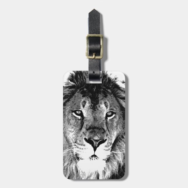Black & White Lion Luggage Tag (Front Vertical)