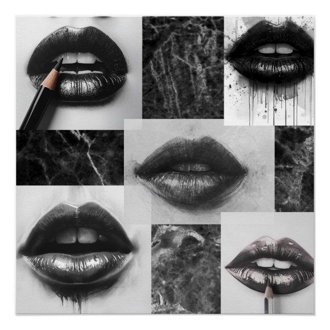 Black & White Lips Collage Glossy Poster (Front)