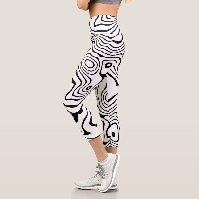 Black White liquid swirl Abstract Design Capri Leggings (Left)