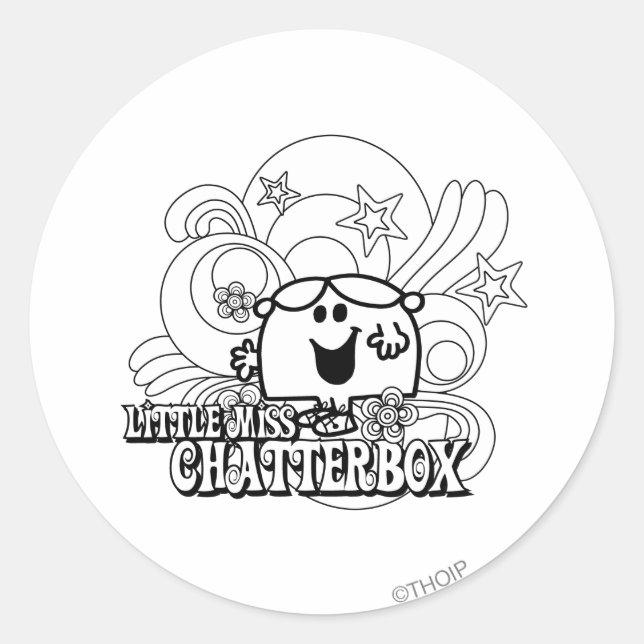 Black & White Little Miss Chatterbox Classic Round Sticker (Front)