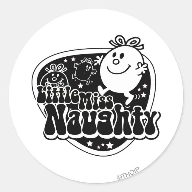 Black & White Little Miss Naughty Classic Round Sticker (Front)