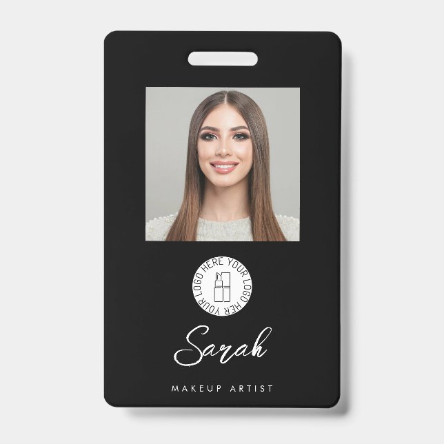 Black White Logo Photo Makeup Employee ID Badge (Front)