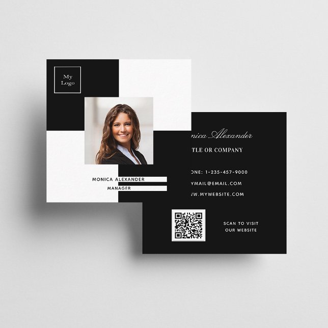 Black white logo photo QR code Square Business Card (Creator Uploaded)