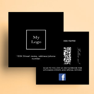 Black white logo QR code Facebook follow us Square Business Card
