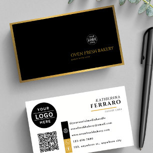 Black White Logo QR Code Gold Border Bakery  Business Card
