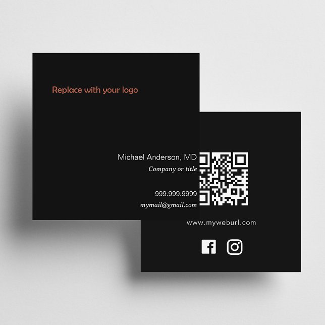 Black white logo QR code social media icons Square Business Card (Creator Uploaded)