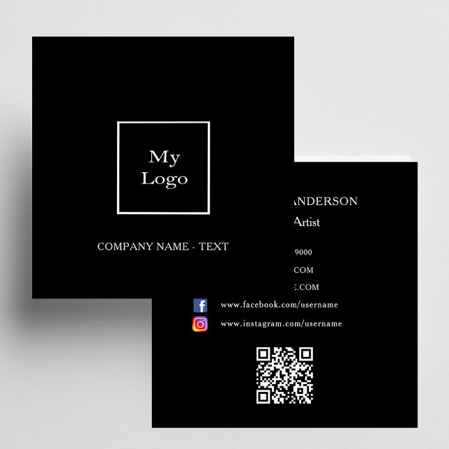 Black white logo QR code social media Square Business Card (Creator Uploaded)