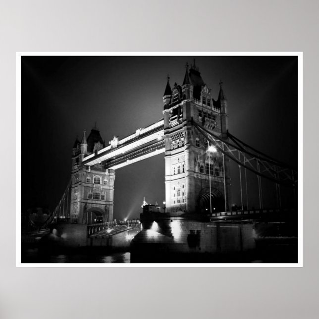 Black White London Tower Bridge at Night Poster (Front)