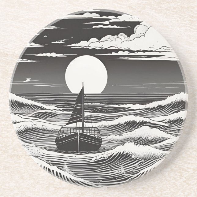 Black White Lonely Boat in Trouble at Sea Coaster (Front)