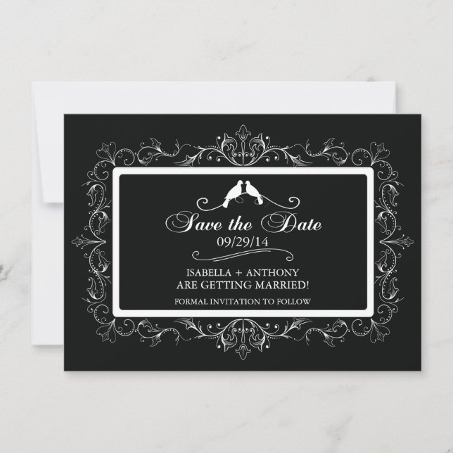 Black White Love Birds Vintage Save The Date (Front)