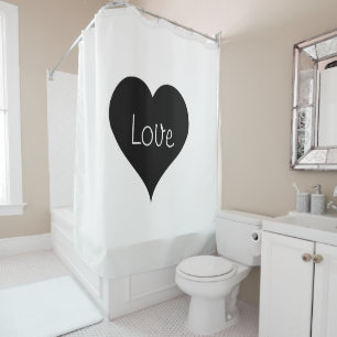 BLACK & WHITE LOVE HEART Text Print Shower Curtain