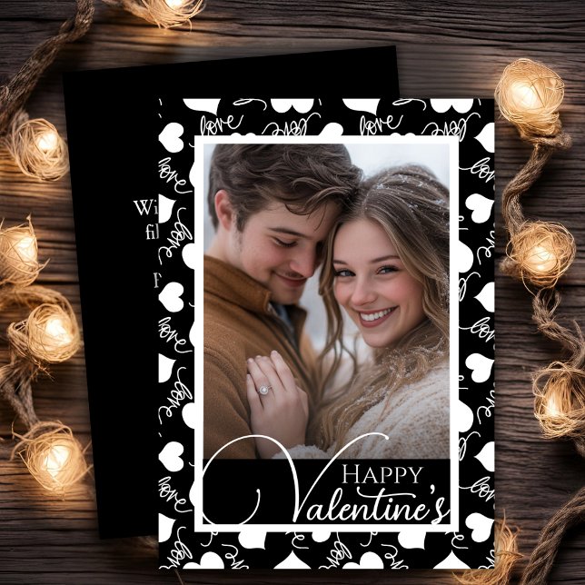 Black & White Love Hearts Happy Valentine's Photo Holiday Card (Black & White Love Hearts Happy Valentine's Photo Holiday Card)
