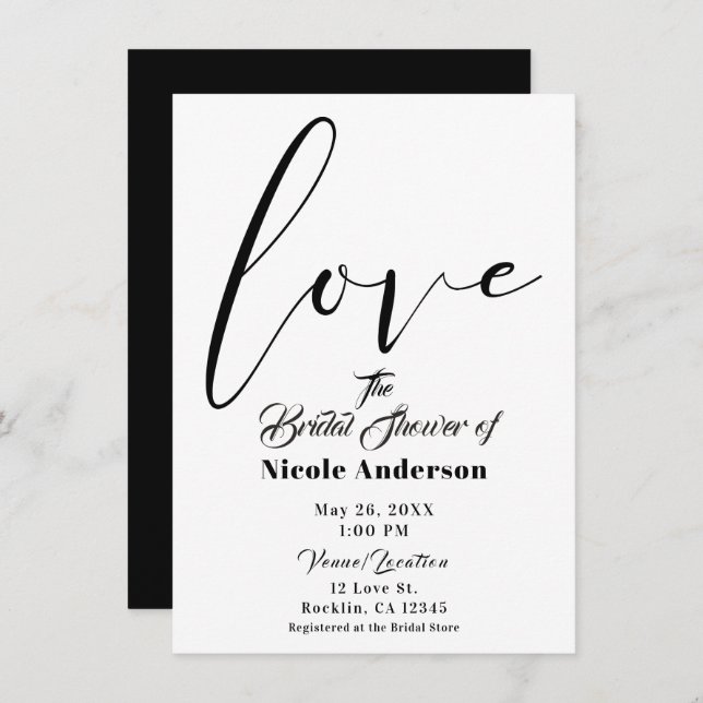 Black & White LOVE Modern Script Wedding Invitation (Front/Back)