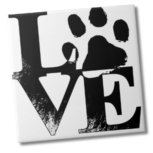 Black White Love Paw Print Tile