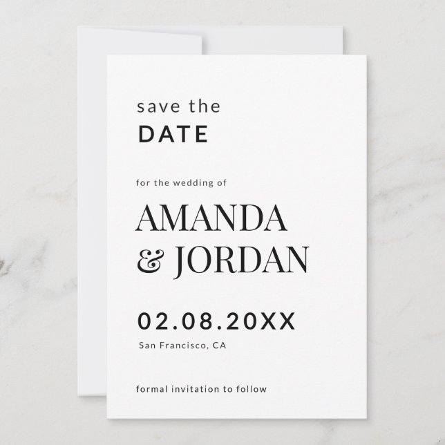  Black & White Luxe Minimalist Wedding  Save The Date (Front)
