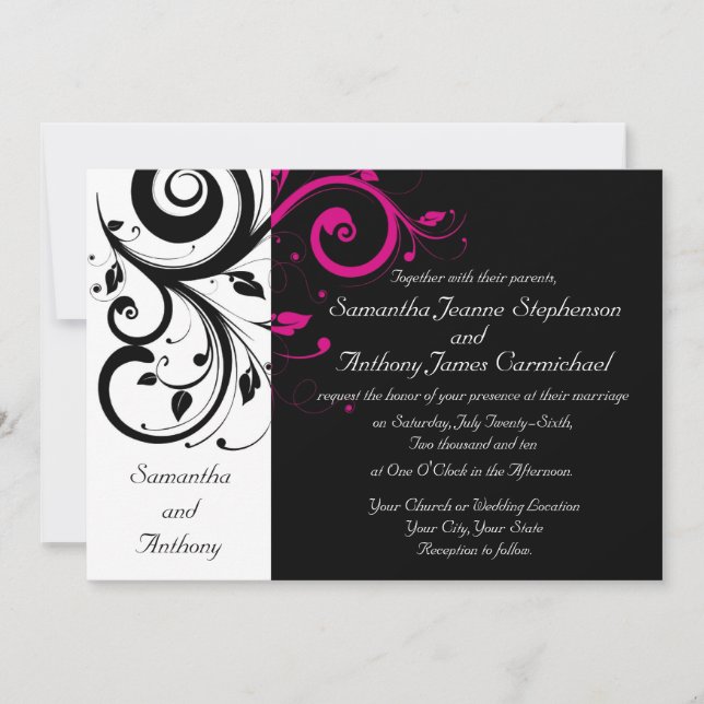Black/White/Magenta Bold Swirl Wedding Invitations (Front)
