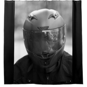 Black & White Man in a Motorcycle Helmet Shower Curtain