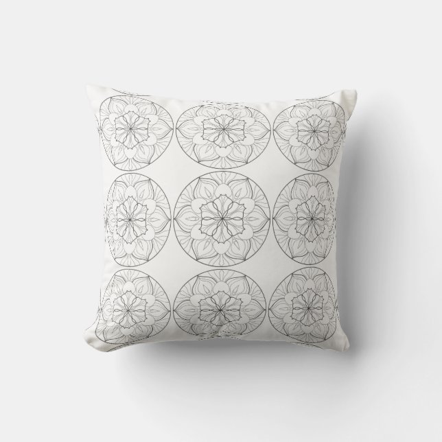 Black White Mandala Circle Flowers Pattern Pillow (Front)