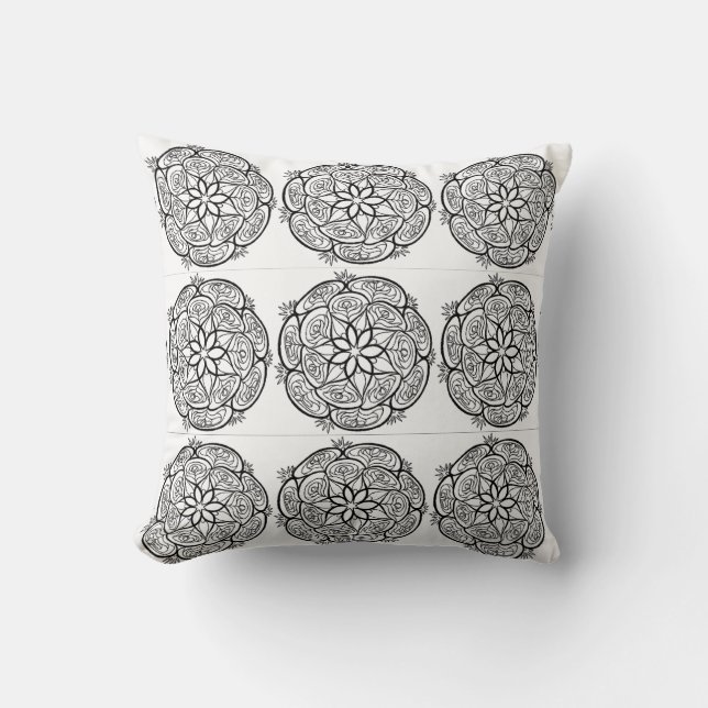Black White Mandala Circle Pattern Pillow (Front)
