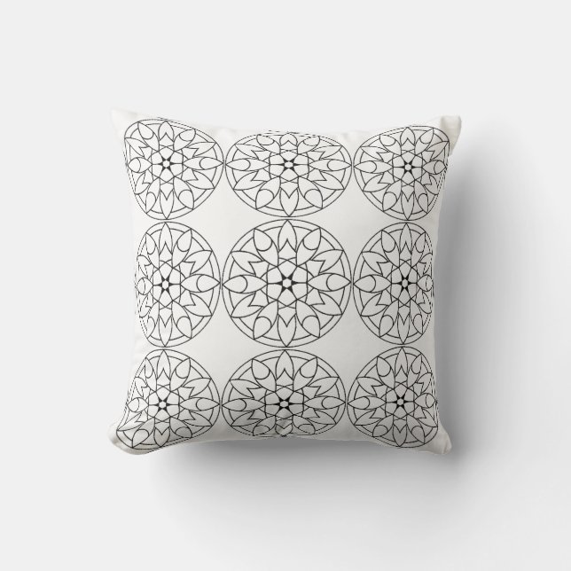 Black White Mandala Floral Pattern Pillow (Front)