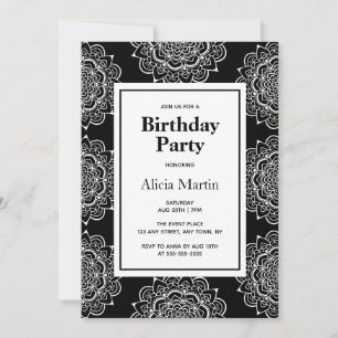 Black & White Mandala Flower Birthday Party Invitation