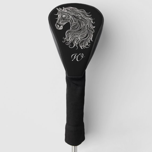 Black White Mandala Horse Head Monogram Initial  Golf Head Cover (Front)