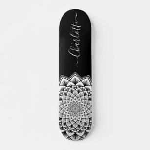 Black White Mandala Pattern Monogram Skateboard