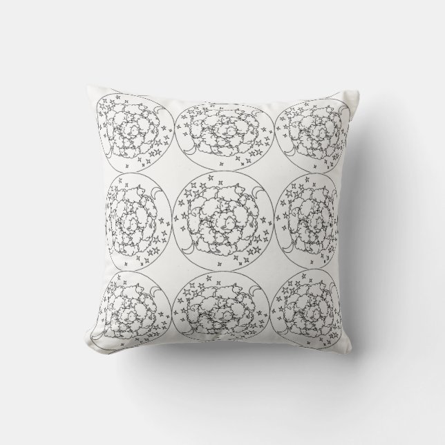 Black White Mandala Sheep and Stars Pattern Pillow (Front)