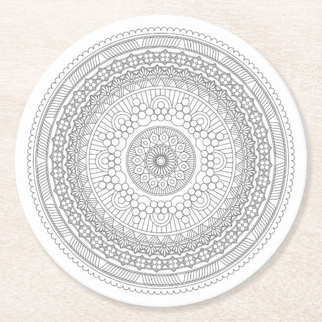 Black & White Mandala v3 Round Paper Coaster (Front)