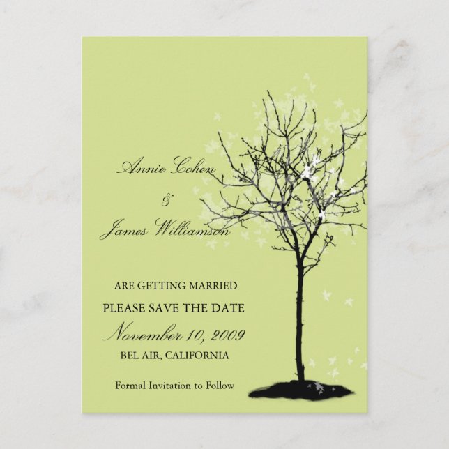 Black White maple tree save the date postcard (Front)