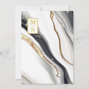 *~ BLACK WHITE Marble Agate AR66 RSVP QR Wedding Invitation