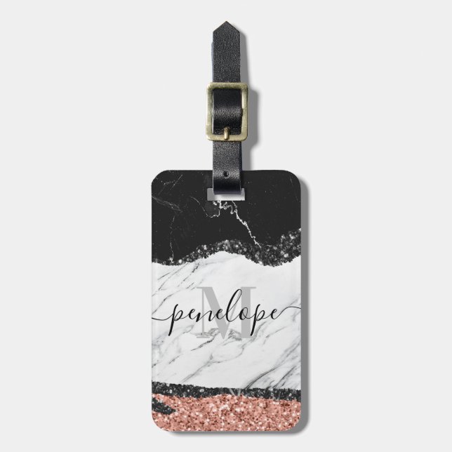 Black White Marble and Glitter Luggage Tag (Front Vertical)