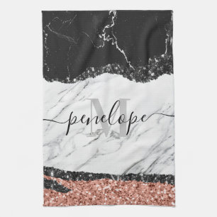 Black White Marble and Glitter Tea Towel
