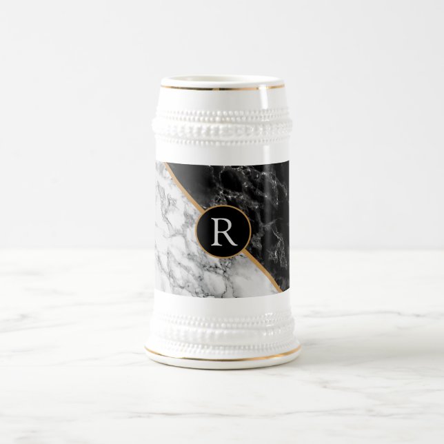 Black White Marble Beer Stein with Custom Letter (Center)