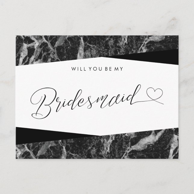 Black White Marble Bridesmaid Proposal Invitation Postcard (Front)
