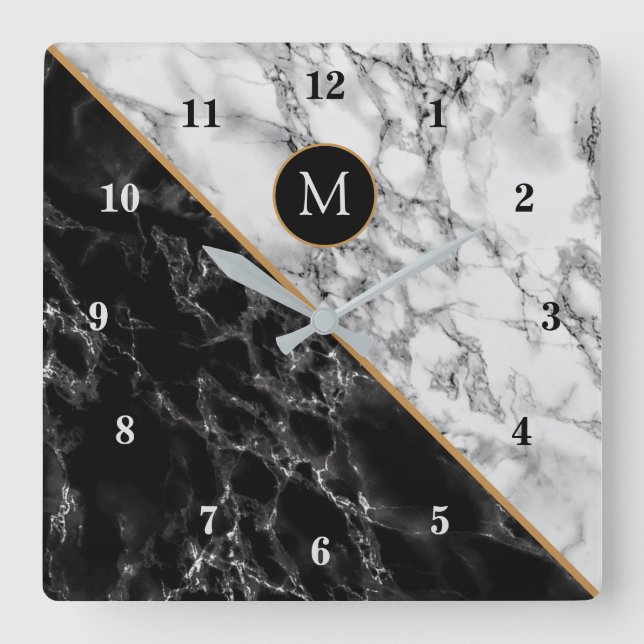 Black White Marble Clock With Custom Letter (Front)