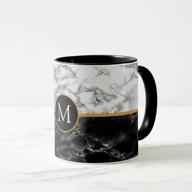 Black White Marble Coffee Mug with Custom Letter (Front Right)