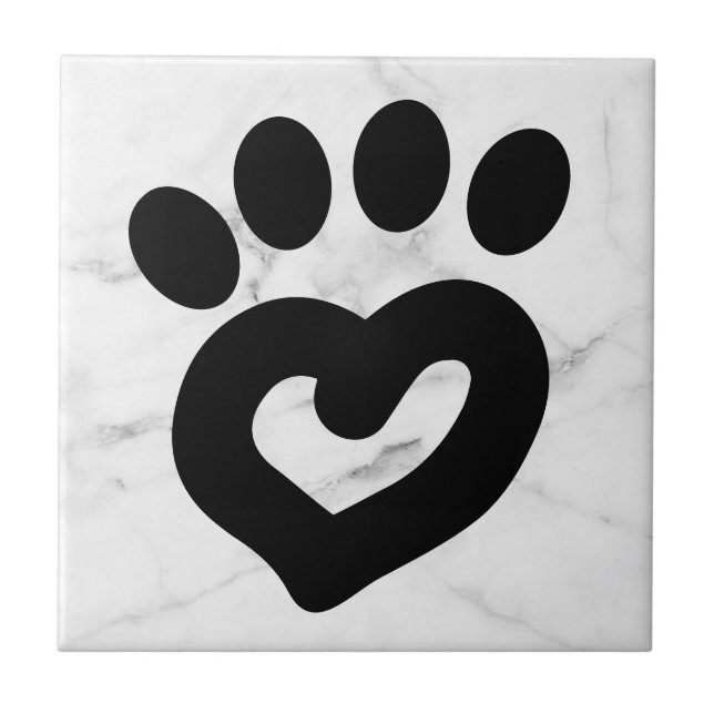 Black & White Marble Dog Heart Paw Print Design Tile (Front)